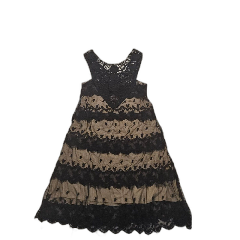 Rancho Estancia NWT Small Black Lace Mesh Tiered Sleeveless Dress Nude Lining